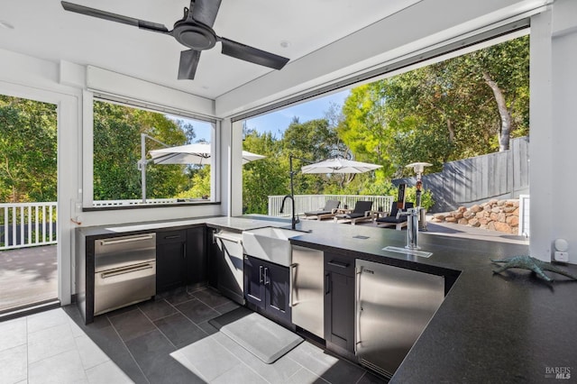 view of patio / terrace featuring a sink, exterior kitchen, fence, and ceiling fan