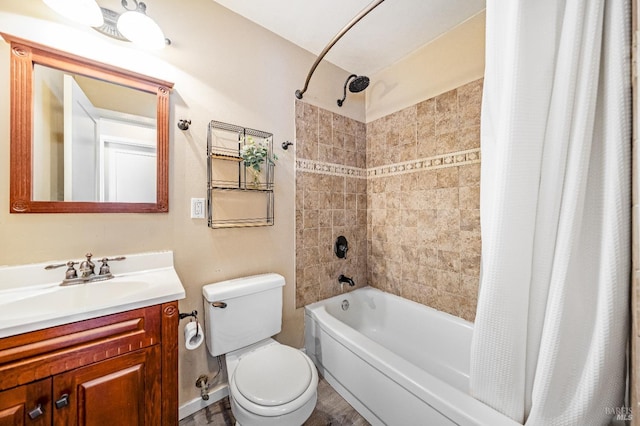 full bath featuring toilet, vanity, and shower / bathtub combination with curtain