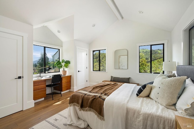 155 Hidden Valley Ln, San Anselmo, CA 94960 - bedroom featuring baseboards, lofted ceiling with beams, and light wood-style flooring