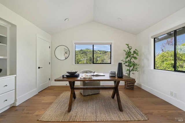 155 Hidden Valley Ln, San Anselmo, CA 94960 - office area with baseboards, vaulted ceiling, and wood finished floors