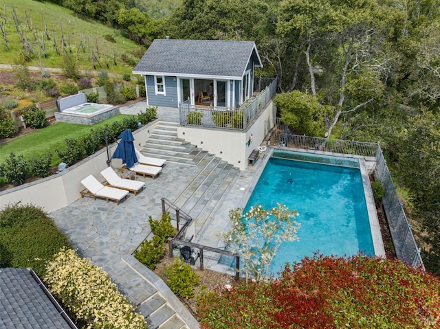 155 Hidden Valley Ln, San Anselmo, CA 94960 - view of swimming pool featuring an outdoor structure, fence, a hot tub, an exterior structure, and a patio area
