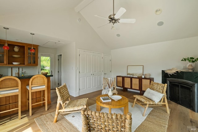 155 Hidden Valley Ln, San Anselmo, CA 94960 - living area featuring a fireplace, high vaulted ceiling, wood finished floors, and ceiling fan