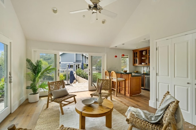 155 Hidden Valley Ln, San Anselmo, CA 94960 - interior space featuring a ceiling fan, high vaulted ceiling, and light wood-type flooring