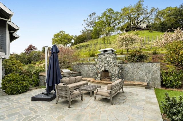 155 Hidden Valley Ln, San Anselmo, CA 94960 - view of patio featuring an outdoor living space with a fireplace, area for grilling, and fence