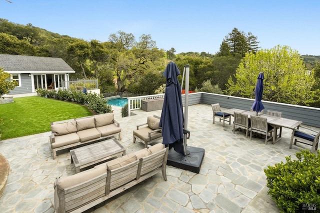 155 Hidden Valley Ln, San Anselmo, CA 94960 - view of patio with an outdoor hangout area, an outdoor pool, an outdoor structure, and an exterior structure