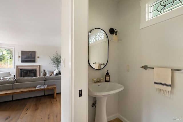 155 Hidden Valley Ln, San Anselmo, CA 94960 - bathroom featuring a sink, wood finished floors, a glass covered fireplace, and a healthy amount of sunlight