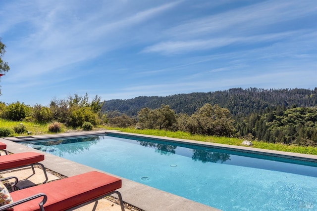 outdoor pool featuring a patio and a wooded view