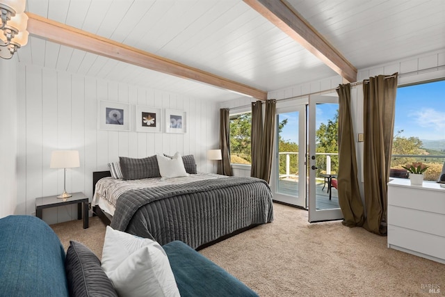 bedroom with wood ceiling, french doors, access to exterior, light colored carpet, and beam ceiling