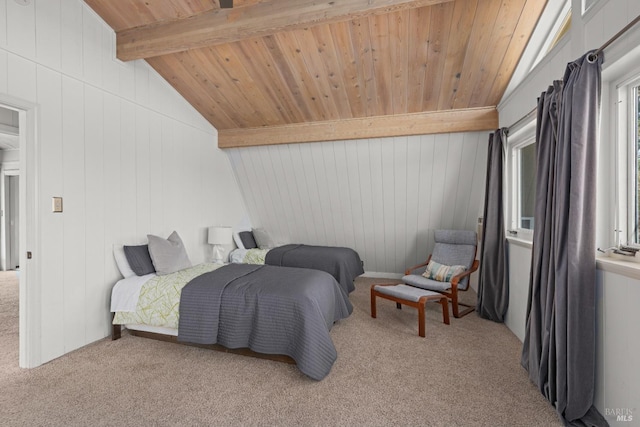 carpeted bedroom with vaulted ceiling with beams and wood ceiling