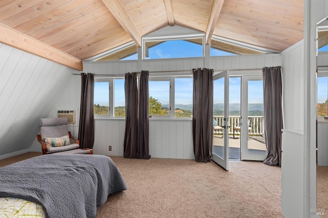 carpeted bedroom featuring access to outside, lofted ceiling with beams, and wooden ceiling