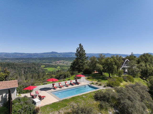 outdoor pool with a view of trees, a patio area, and a mountain view