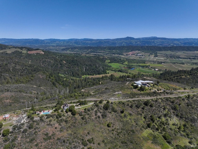 birds eye view of property featuring a mountain view and a rural view