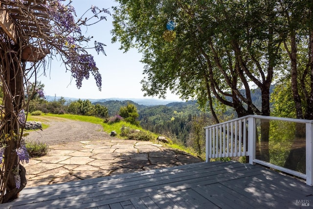 wooden deck with a mountain view