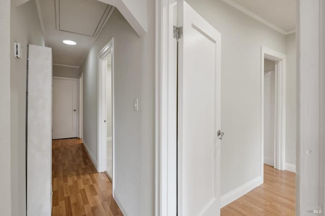 hall featuring light wood finished floors, baseboards, crown molding, and attic access