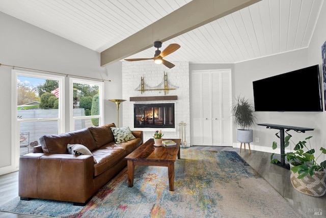 148 Kerns Ct, Napa, CA 94558 - living area with wood finished floors, ceiling fan, a brick fireplace, and wood ceiling