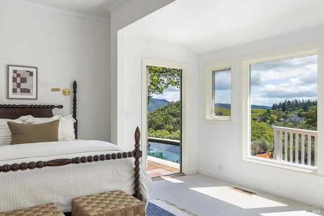 carpeted bedroom featuring crown molding, baseboards, access to exterior, and visible vents