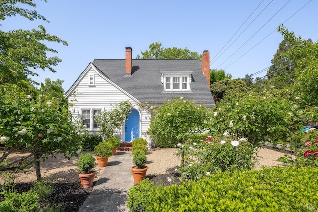 view of front of property featuring a shingled roof and a chimney