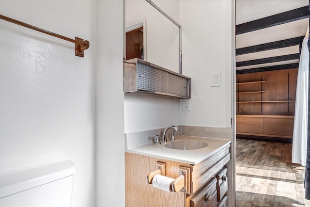 bathroom featuring vanity, toilet, and wood finished floors