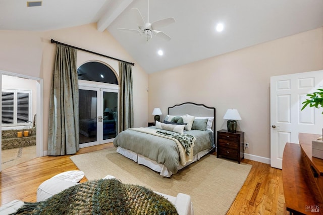 bedroom featuring french doors, light wood-style flooring, access to exterior, and beamed ceiling