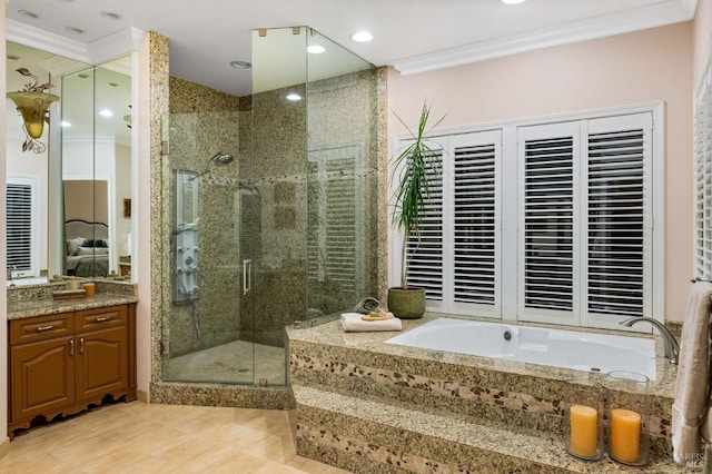 full bath featuring a shower stall, a bath, and ornamental molding