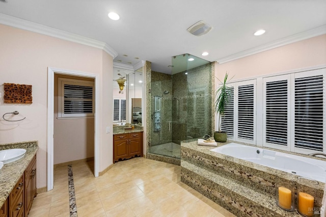 bathroom featuring a stall shower, crown molding, vanity, a bath, and recessed lighting