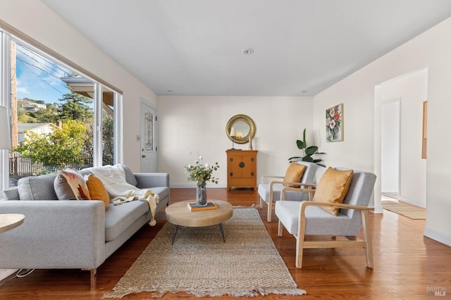 living area featuring wood finished floors and baseboards