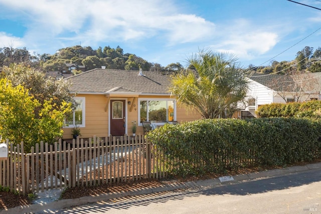 view of front facade with roof with shingles and a fenced front yard