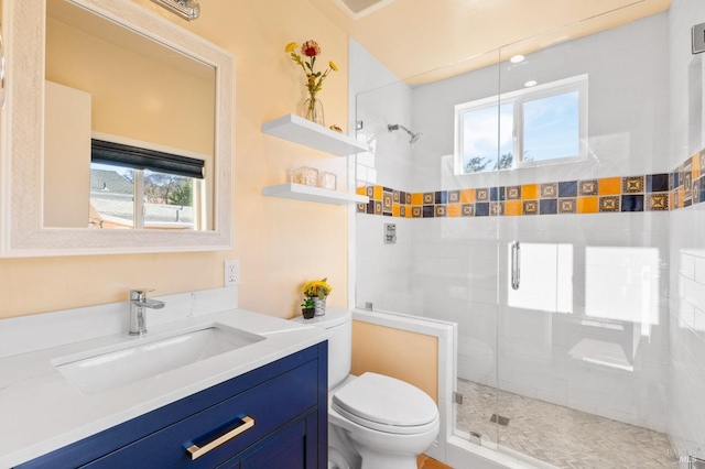 full bath featuring toilet, a wealth of natural light, and a stall shower