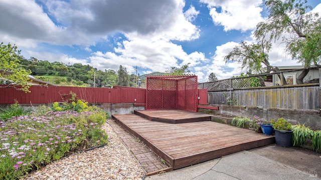 wooden terrace featuring a fenced backyard