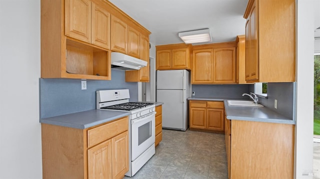 kitchen featuring a sink, under cabinet range hood, and white appliances