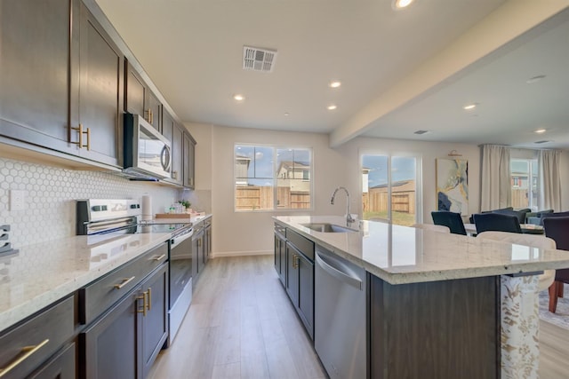 1108 Hiramatsu Ln, Winters, CA 95694 - kitchen featuring light wood finished floors, visible vents, a sink, backsplash, and appliances with stainless steel finishes