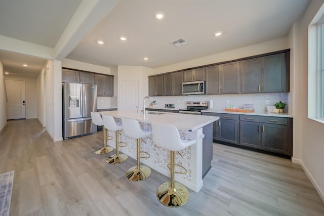 1108 Hiramatsu Ln, Winters, CA 95694 - kitchen featuring a sink, appliances with stainless steel finishes, a kitchen breakfast bar, visible vents, and light wood-style floors