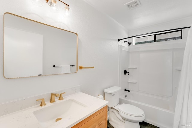 bathroom featuring vanity, toilet, visible vents, crown molding, and shower / bath combination with curtain