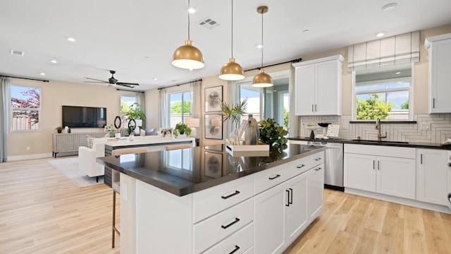 1096 Fiano Pl, Manteca, CA 95337 - kitchen featuring dishwasher, a sink, light wood-style flooring, dark countertops, and backsplash