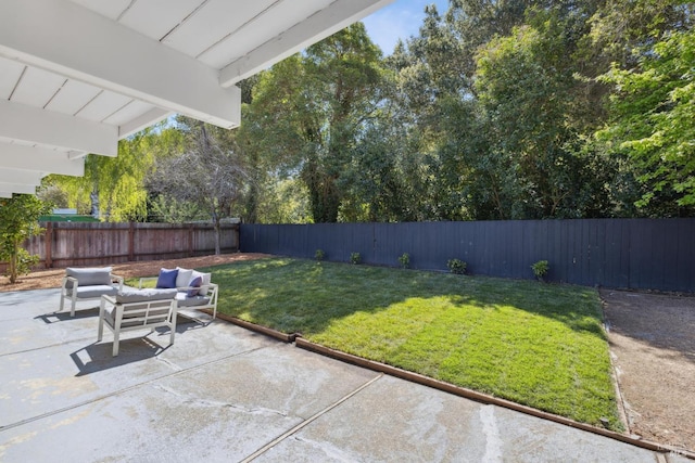 view of yard featuring a fenced backyard, an outdoor living space, and a patio area