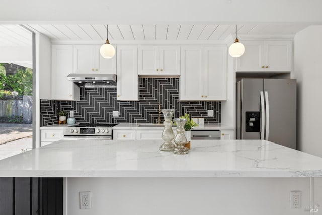 kitchen with a kitchen island, tasteful backsplash, appliances with stainless steel finishes, under cabinet range hood, and white cabinets