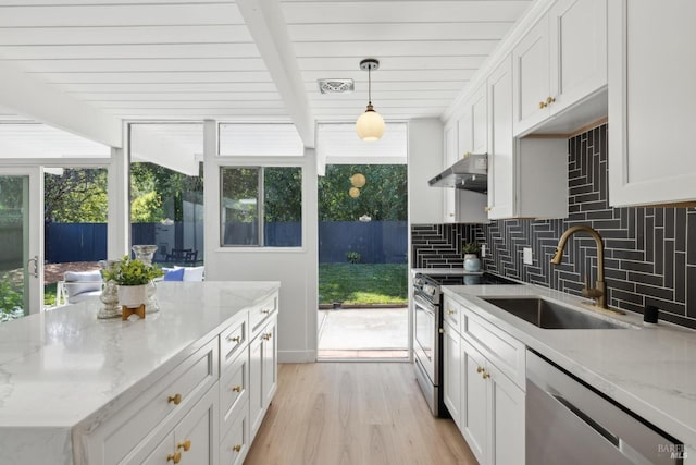 kitchen featuring under cabinet range hood, white cabinets, a sink, and stainless steel appliances