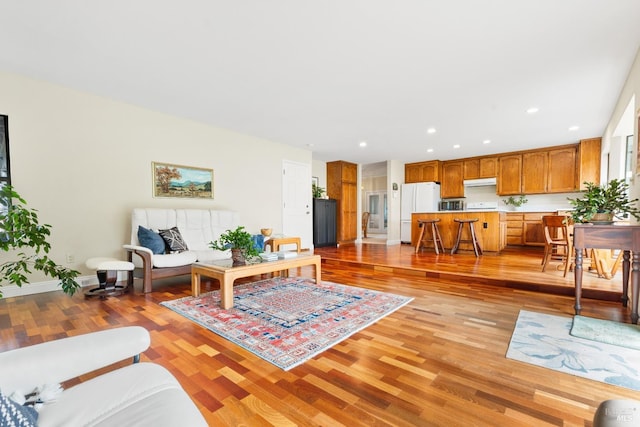 living area featuring light wood-style floors, baseboards, and recessed lighting