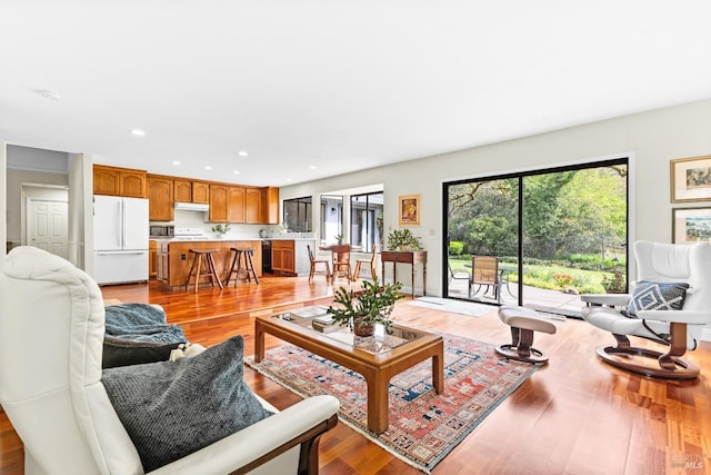 living area featuring light wood-style floors and recessed lighting