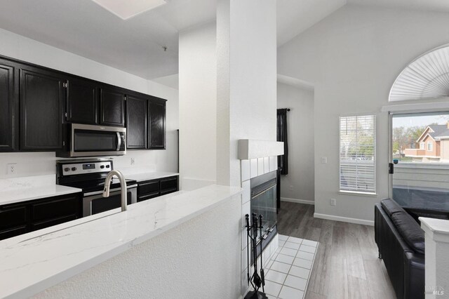 kitchen featuring light wood-style flooring, vaulted ceiling, light stone counters, appliances with stainless steel finishes, and dark cabinets