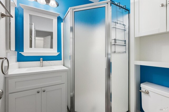 bathroom featuring toilet, a stall shower, and vanity
