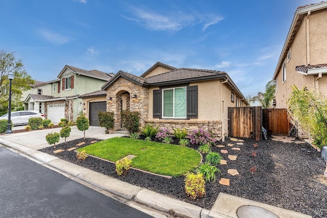 8568 Pinehollow Cir, Discovery Bay, CA 94505 - view of front facade featuring stone siding, a tiled roof, an attached garage, stucco siding, and concrete driveway