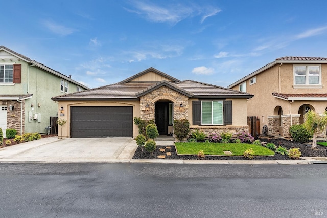 8568 Pinehollow Cir, Discovery Bay, CA 94505 - view of front facade featuring a tile roof, stone siding, concrete driveway, a garage, and stucco siding