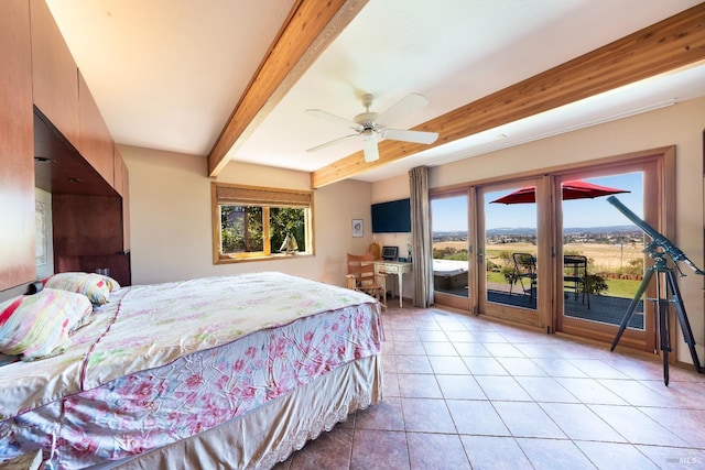 bedroom featuring light tile patterned floors, a ceiling fan, access to outside, and beamed ceiling