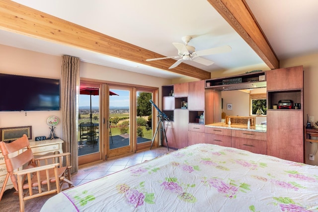bedroom featuring access to outside, light tile patterned floors, and beam ceiling