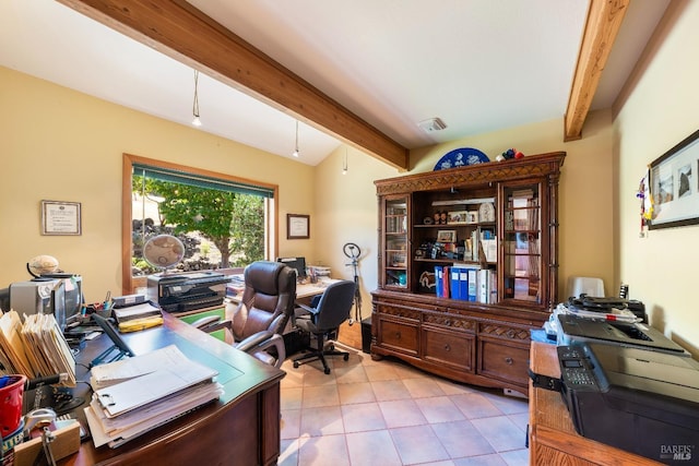 office with vaulted ceiling with beams