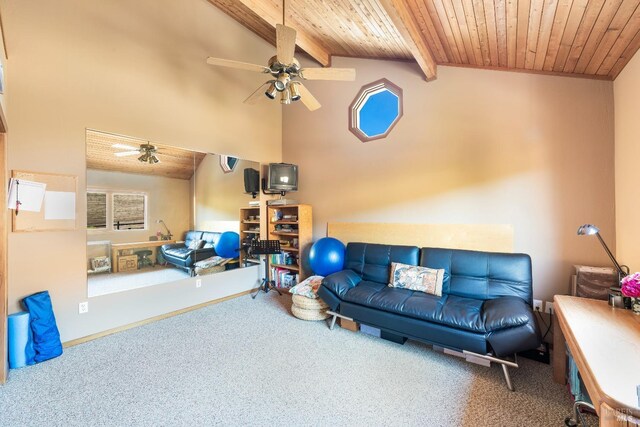 living area featuring wooden ceiling, carpet, and a ceiling fan
