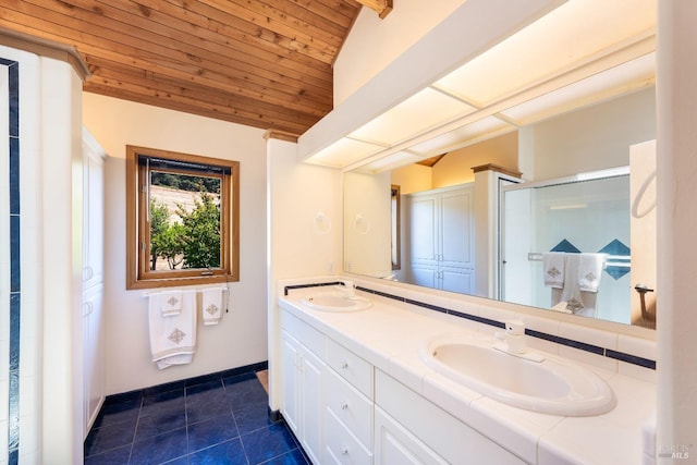 full bathroom featuring a sink, tile patterned flooring, wooden ceiling, and a shower stall