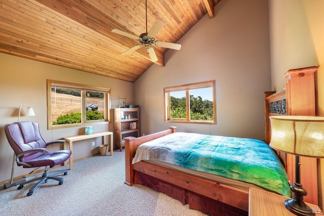 bedroom with wood ceiling, high vaulted ceiling, a ceiling fan, and carpet