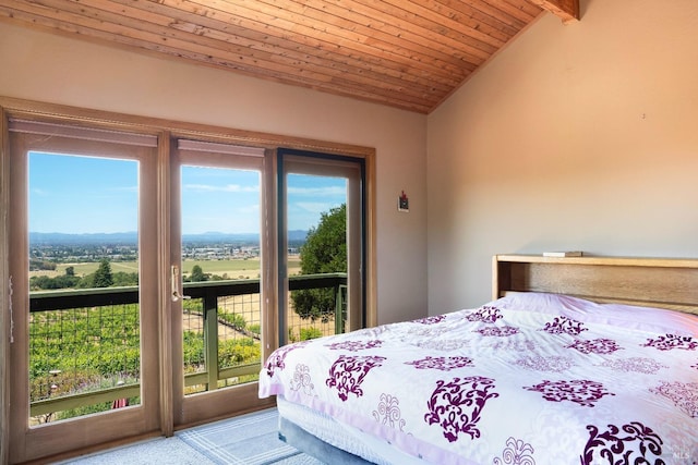 bedroom featuring multiple windows, wood ceiling, vaulted ceiling with beams, and access to outside